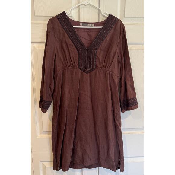 Athleta Deep Burgundy Linen Blend Tunic Dress Bohemian 3/4 Sleeve - Picture 2 of 8